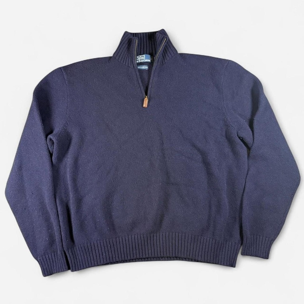 Vintage Polo Ralph Lauren Navy Lambs Wool Pullover 1/4 Zip Mock Neck Size XX